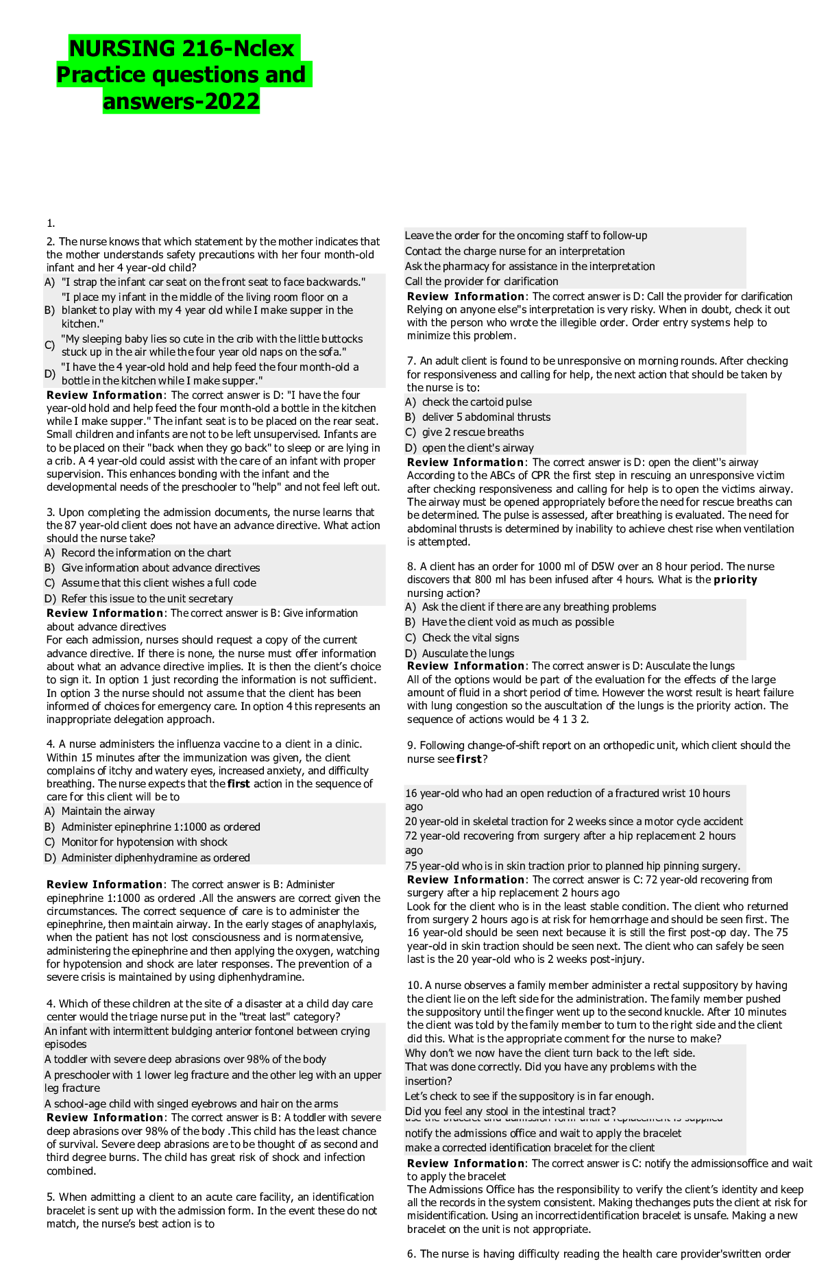 Preview image for NURSING 216-Nclex Practice questions and answers-2022